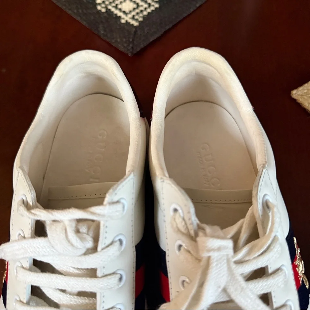 GUCCI Calfskin Crystal Web Bee Womens Ace Platform Sneakers 39 White - Picture 13 of 15